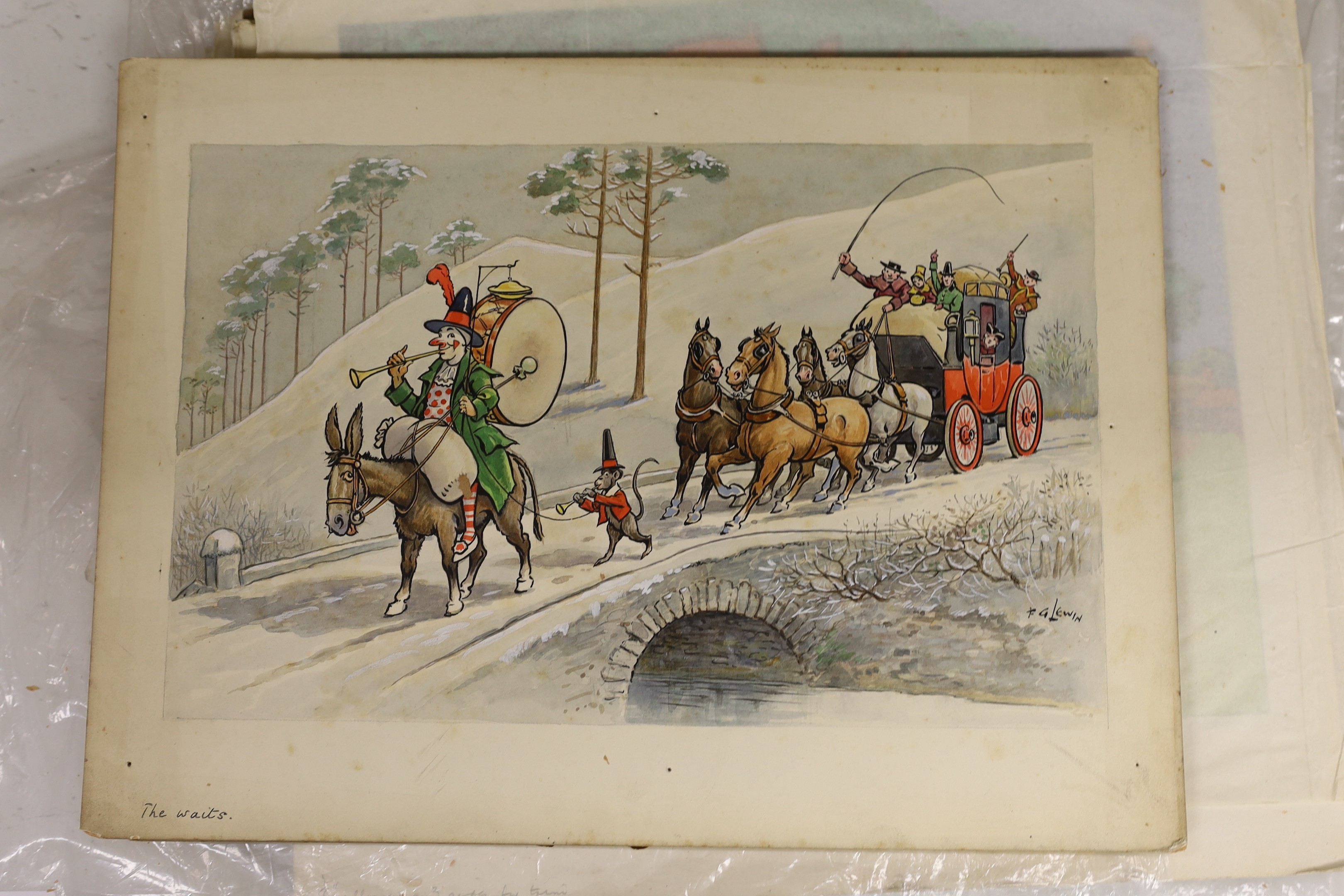 Frederick George Lewin (1861-1933), six ink and watercolour original illustrations, Old Time Christmas Coaching scenes, signed, 20 x 32cm, unframed